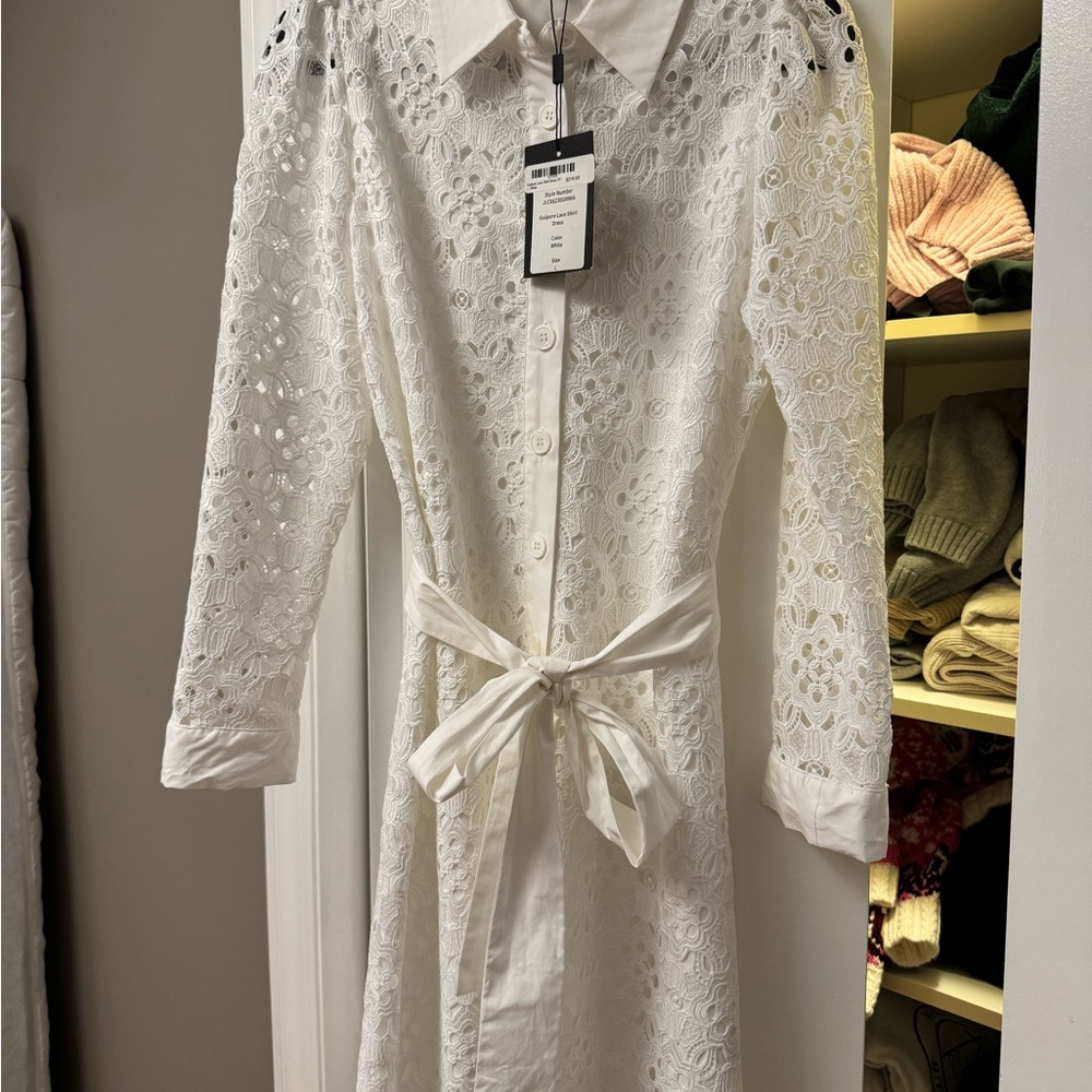 GUIPURE LACE SHIRT DRESS WITH WAIST TIE IN WHITE